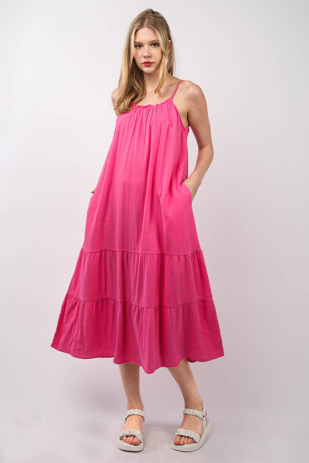 VERY J Ruffled A-Line Midi Cami Dress Fuchsia Cami Dresses