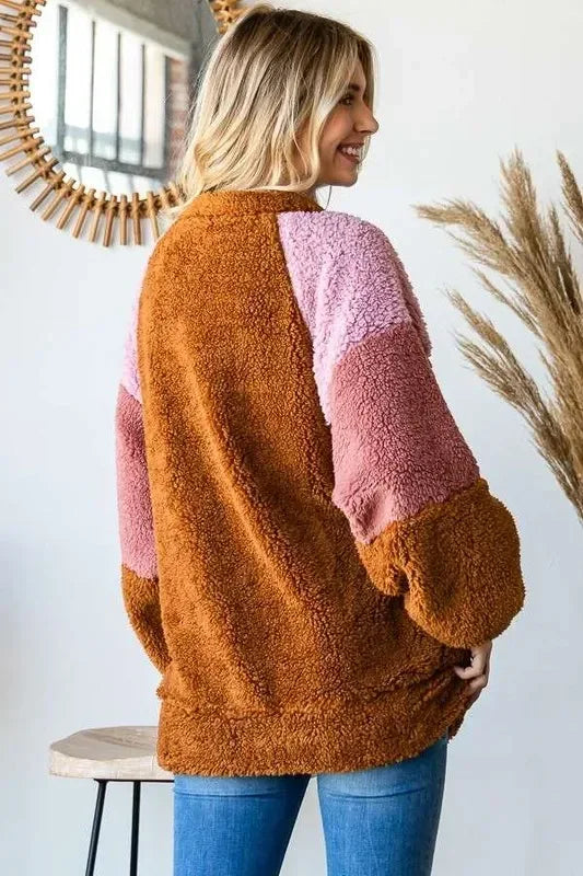 Culture Code Color Block Faux Fur Raglan Sleeve Sweatshirt - DAVERRI FASHIONS