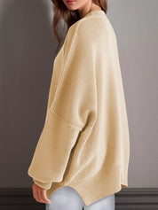 Side Slit Round Neck Long Sleeve Sweater | Sweaters Daverri Fashions