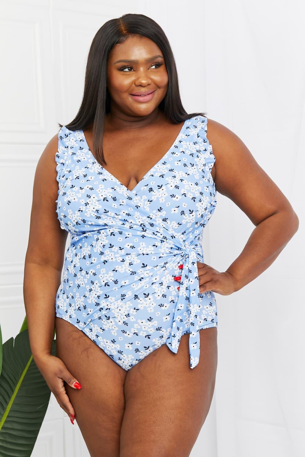 Marina West Swim Full Size Float On Ruffle Faux Wrap One-Piece in Blossom Blue Swimwear