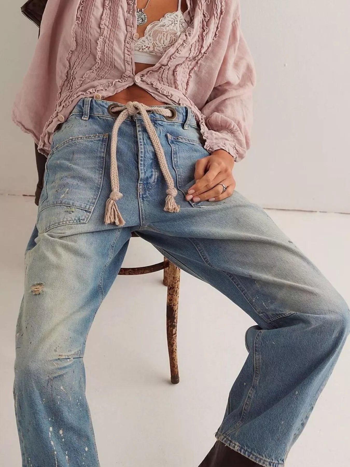 Daverri Washed Relaxed Fit Barrel Jeans in light-wash denim with drawstring waist and distressed details
