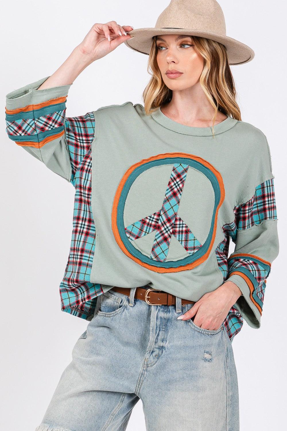 SAGE + FIG Peace Applique Patch Contrast Plaid Top Autumn Sage