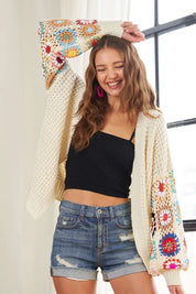 Ivory ADORA Full Size Contrast Crochet Open Front Long Sleeve Cardigan | Cardigans Daverri Fashions