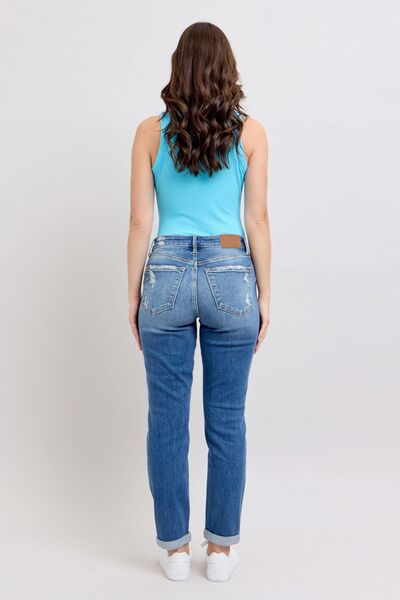 Judy Blue Full Size Button Fly Distressed Jeans with Pockets Jeans