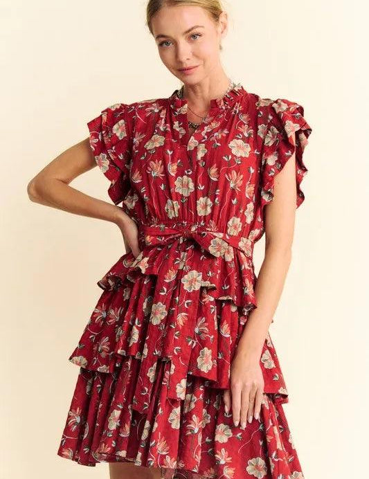 Davi & Dani Ruffle Flutter Sleeve Tie Belt Tiered Mini Dress | Mini Dresses Daverri Fashions
