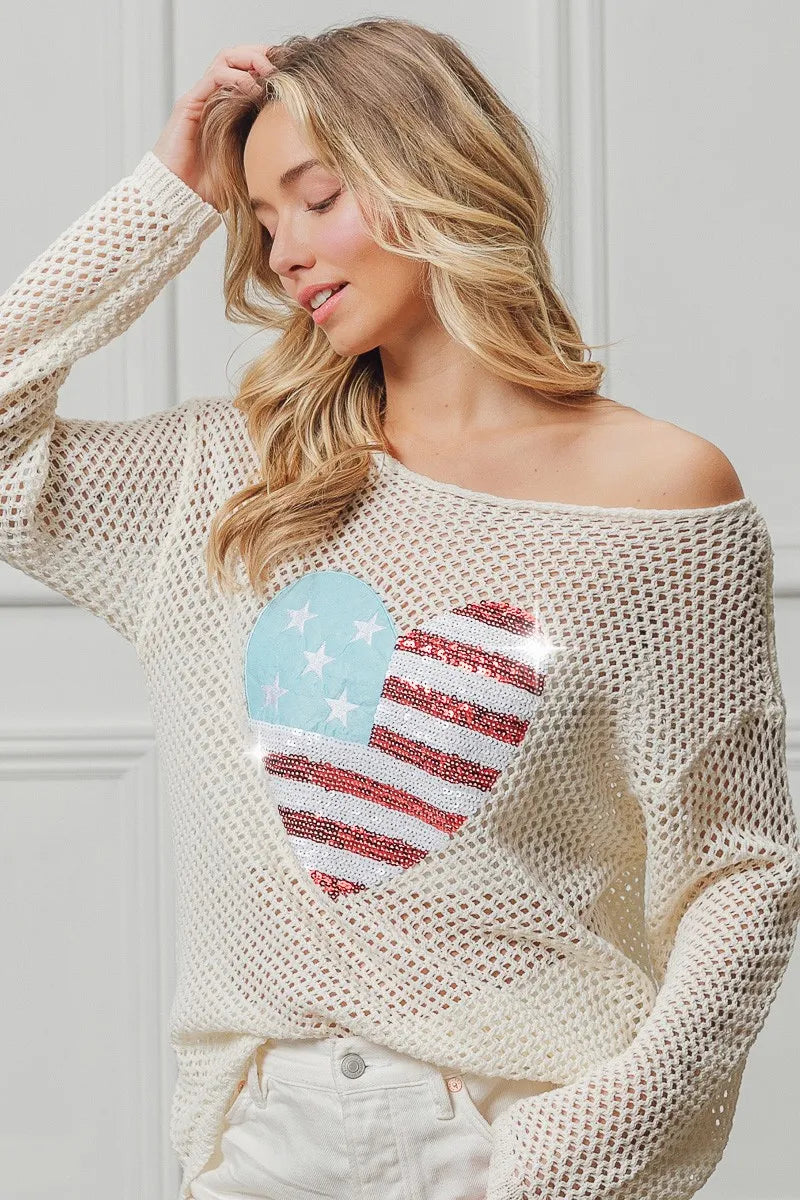 BiBi Sequin American Flag Heart Knit Cover-Up Cover-Ups