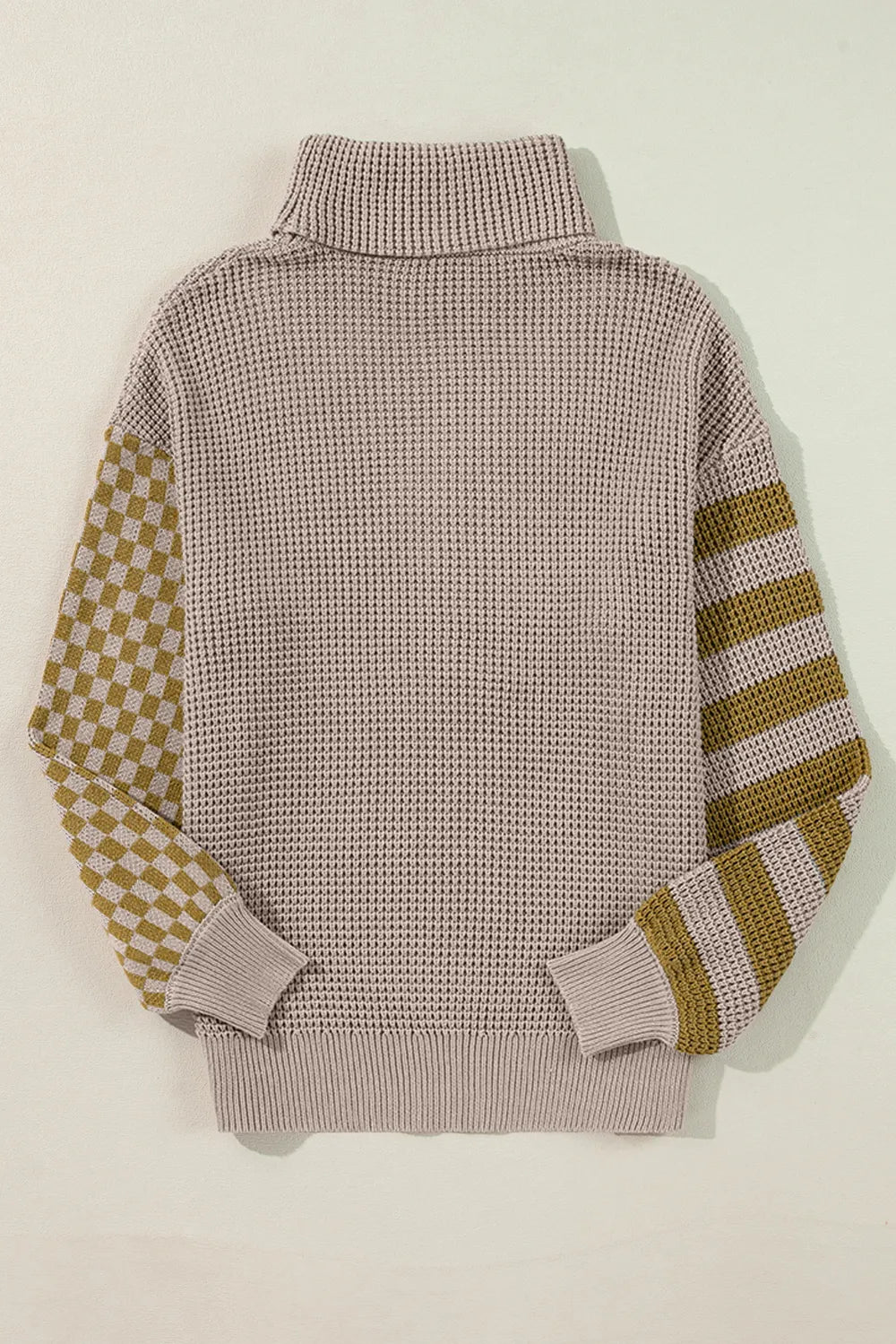 Beige olive green striped checkered turtleneck dropped shoulder sweater