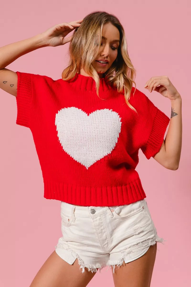Red BiBi Rib Banded Heart Pattern Valentines Sweater