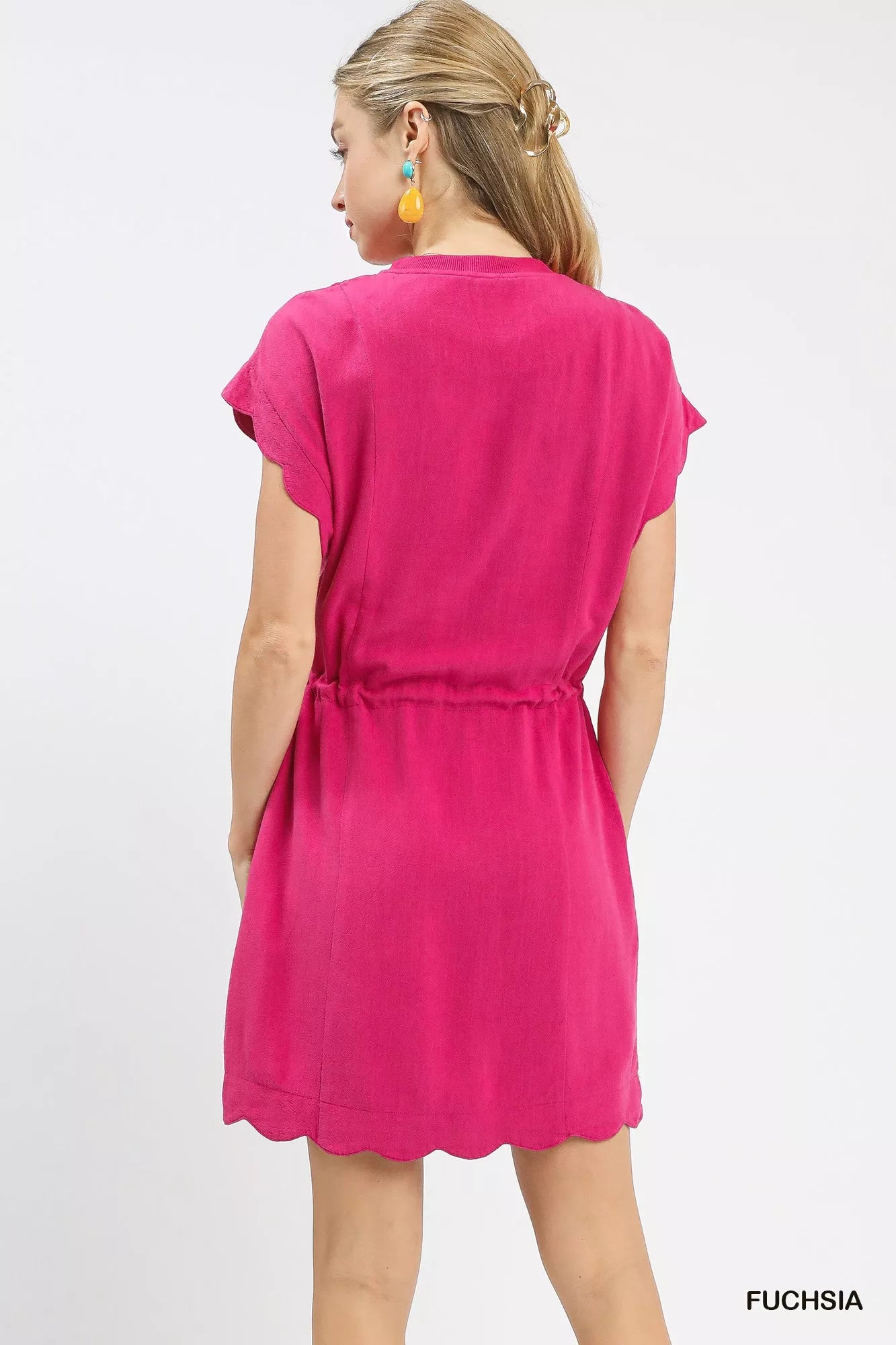 Fuchsia Umgee linen blend scallop hem mini dress with gathered waist