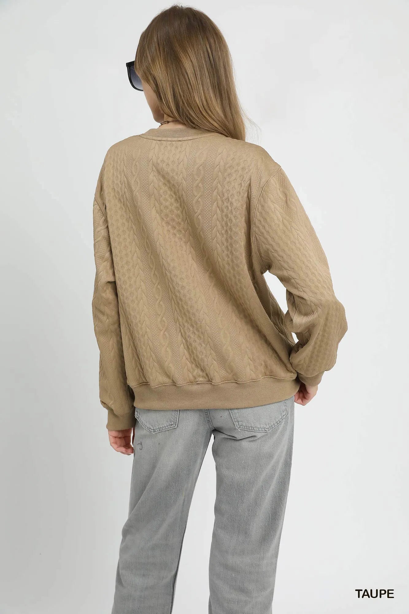 Umgee Cable Texture Pattern Sweatshirt with Ribbed Hem Sweatshirts