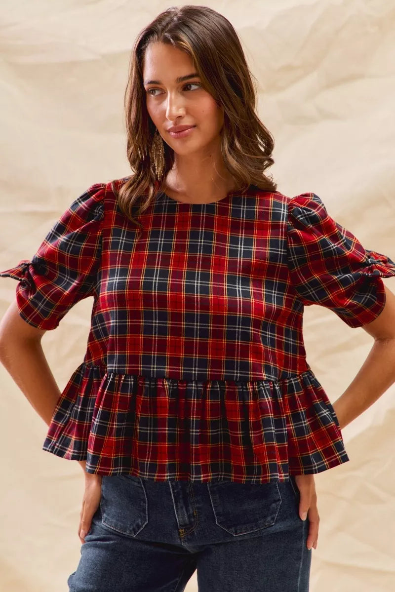 SO ME Christmas Holiday Plaid Ribbon Short Sleeves Top | Blouses Daverri Fashions