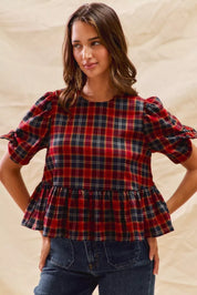 SO ME Christmas Holiday Plaid Ribbon Short Sleeves Top | Blouses Daverri Fashions