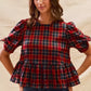 SO ME Christmas Holiday Plaid Ribbon Short Sleeves Top - DAVERRI FASHIONS
