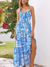 Printed tie-front maxi dress in vibrant blue with white tropical nautical print