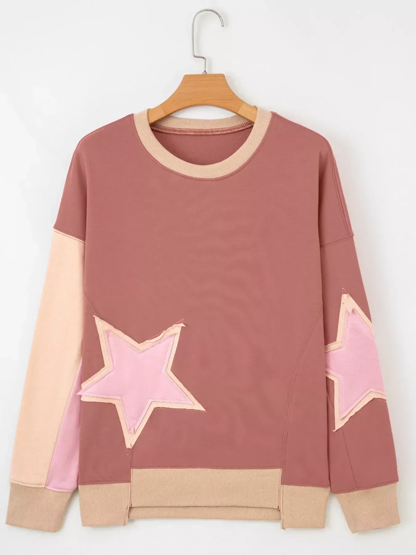 Star Patchwork Exposed Seam Drop Shoulder Sweatshirt - DAVERRI FASHIONS