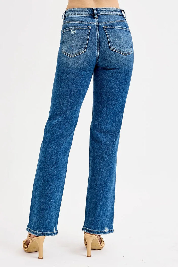 RISEN Full Size Tummy Control High Rise Straight Distressed Jeans Plus Size | Jeans Daverri Fashions
