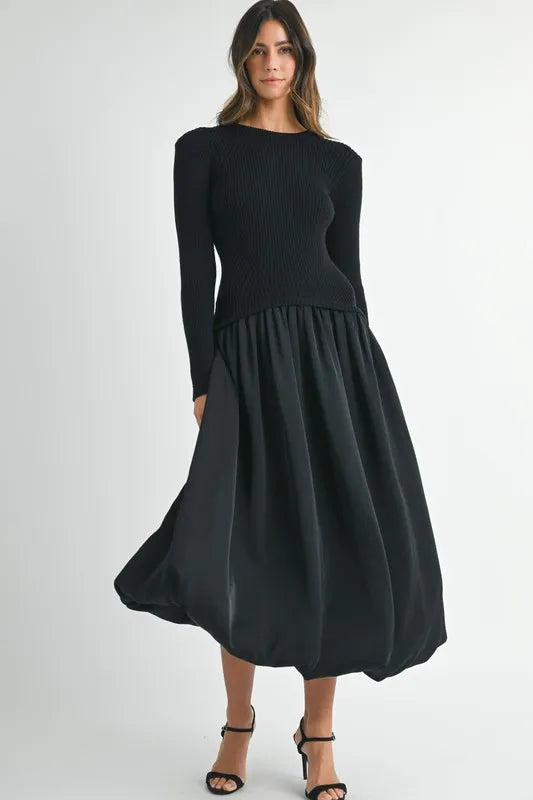 MABLE Ribbed Poplin Mix Midi Sweater Dress Black Midi Dresses
