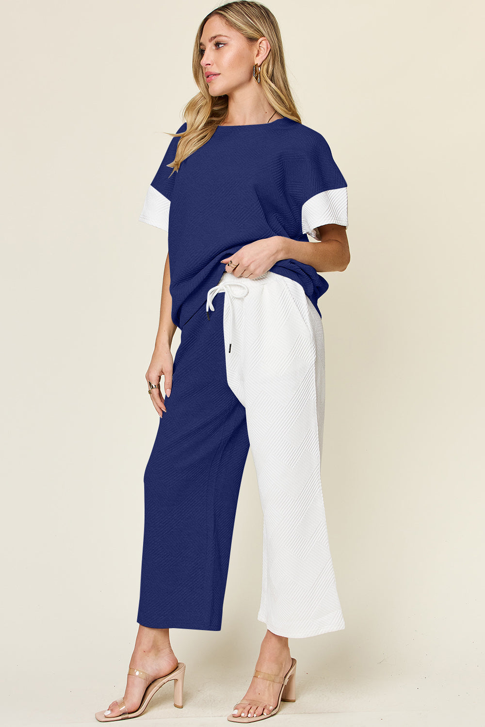 Double Take Full Size Texture Contrast T-Shirt and Wide Leg Pants Set Outfit Sets