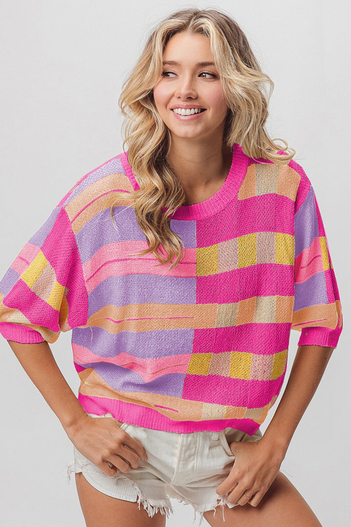 BiBi Multi Color Striped Round Neck Knit Top Fuch Peach Lavn Pink