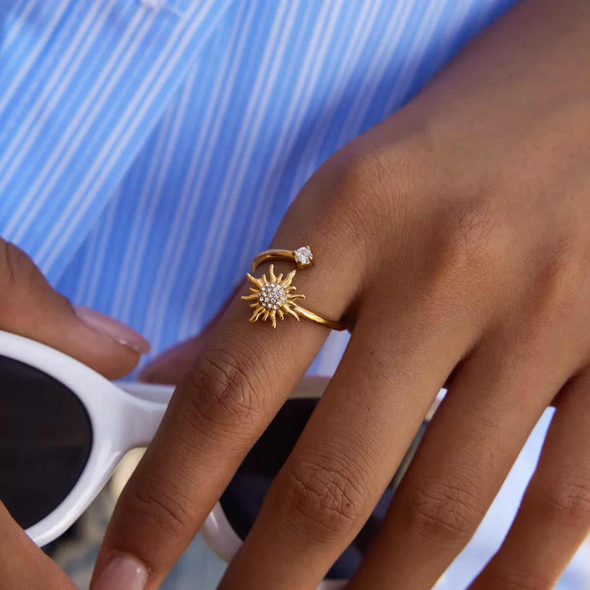 Gold onesize 18K Gold-Plated Zircon Sun Bypass Ring | Rings Daverri Fashions