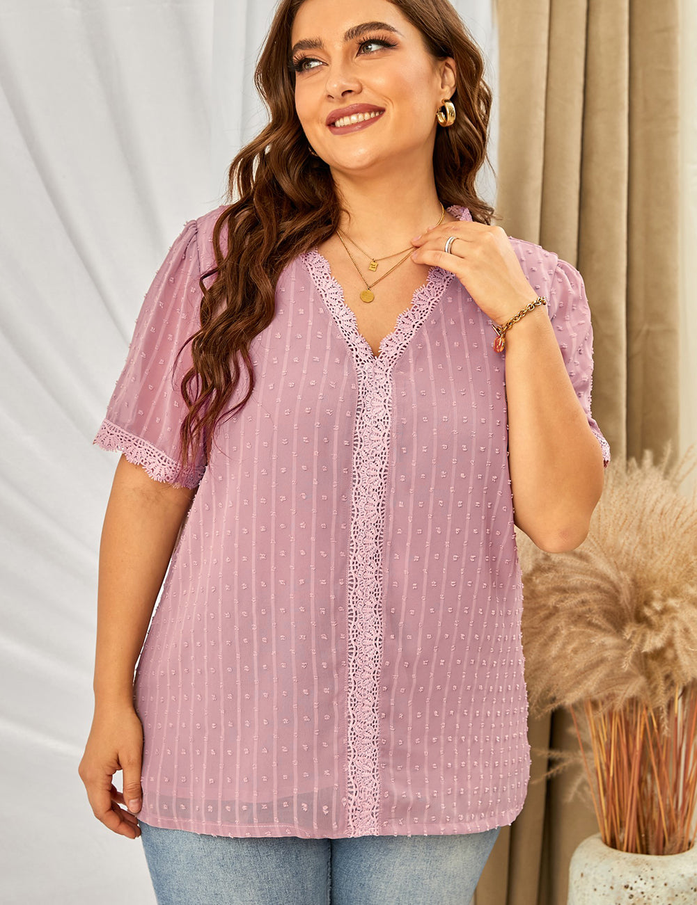 Dusty Pink Plus Size Swiss Dot Spliced Lace V-Neck Blouse | Blouses Daverri Fashions