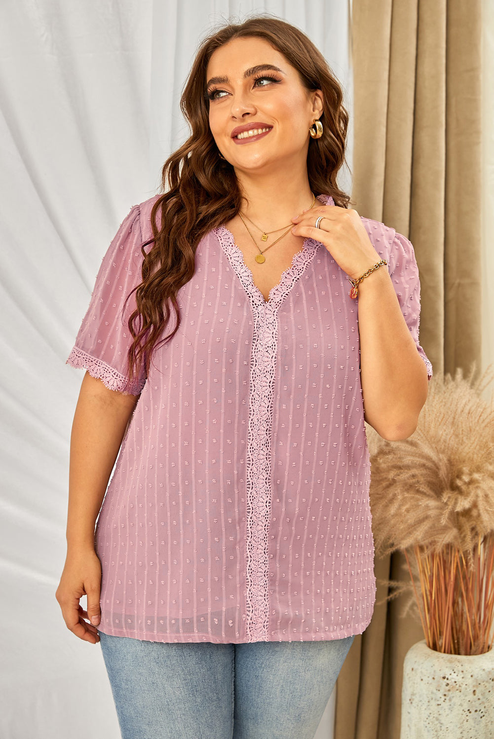 Dusty Pink Plus Size Swiss Dot Spliced Lace V-Neck Blouse | Blouses Daverri Fashions