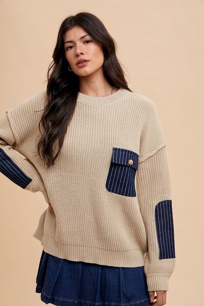 Annie Wear Contrast Round Neck Drop Shoulder Sweater with Patch Pocket Khaki L Sweaters