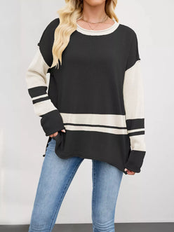 Black and cream colorblock long-sleeve side slit sweater with ribbed stripes