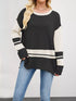 Black and cream colorblock long-sleeve side slit sweater with ribbed stripes