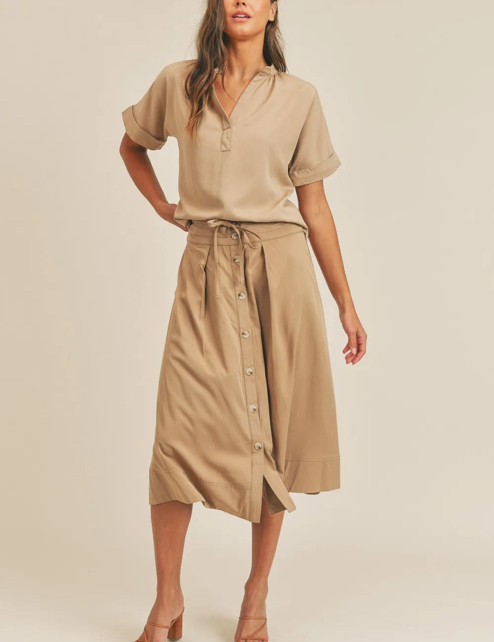Taupe S MABLE Short Sleeve Top and Button Down Midi Skirt Set | Outfit Sets Daverri Fashions