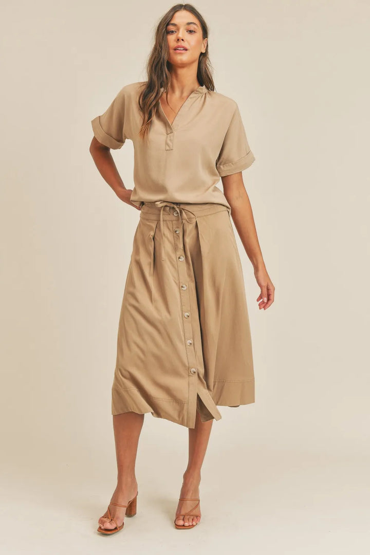 MABLE Short Sleeve Top and Button Down Midi Skirt Set Taupe Skirt Sets