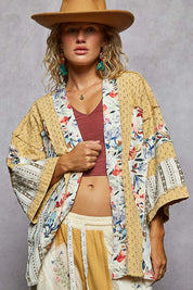 POL Raw Edge Open Front Patchwork Cardigan with Floral Trim | Cardigans Daverri Fashions