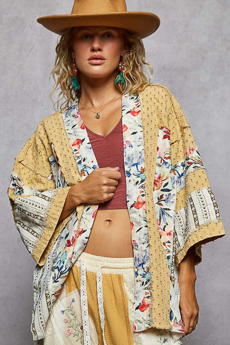 POL Raw Edge Open Front Patchwork Cardigan with Floral Trim Cardigans