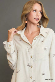 Umgee Linen Blend Fitted Shirt with Ribbon Embroidery Details | Shirts Daverri Fashions
