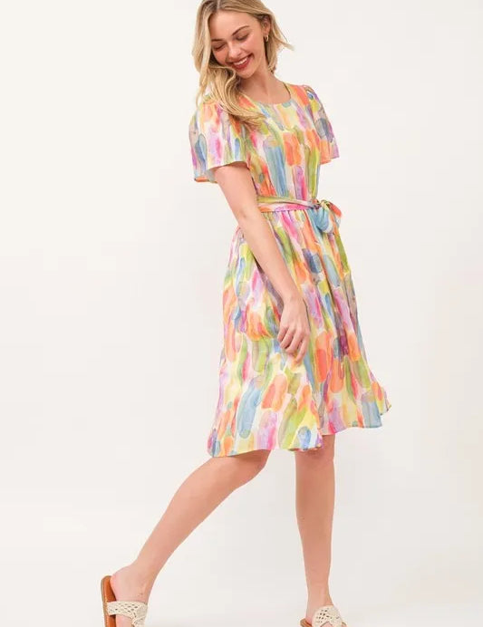Lime 'N' Chili Watercolor Print Tie Front Midi Dress | Daverri Fashions