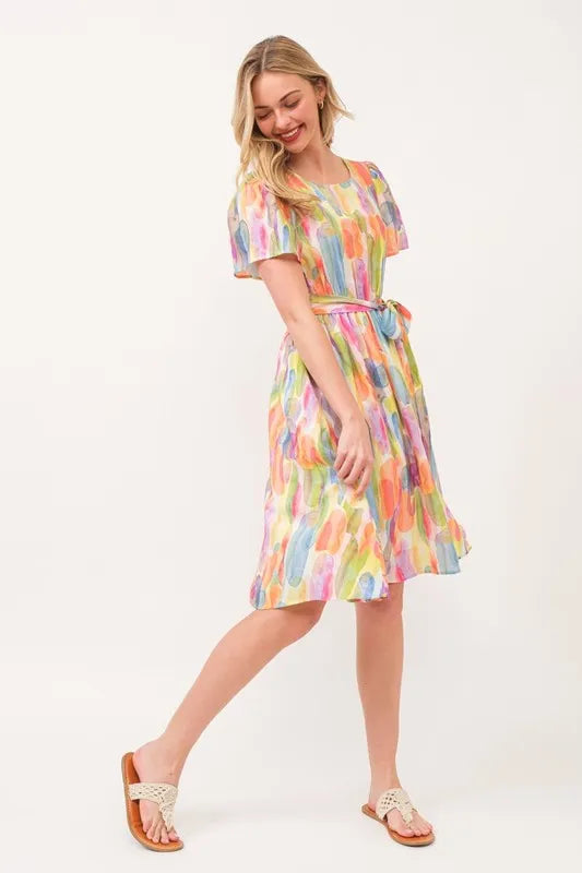 Lime 'N' Chili Watercolor Print Tie Front Midi Dress
