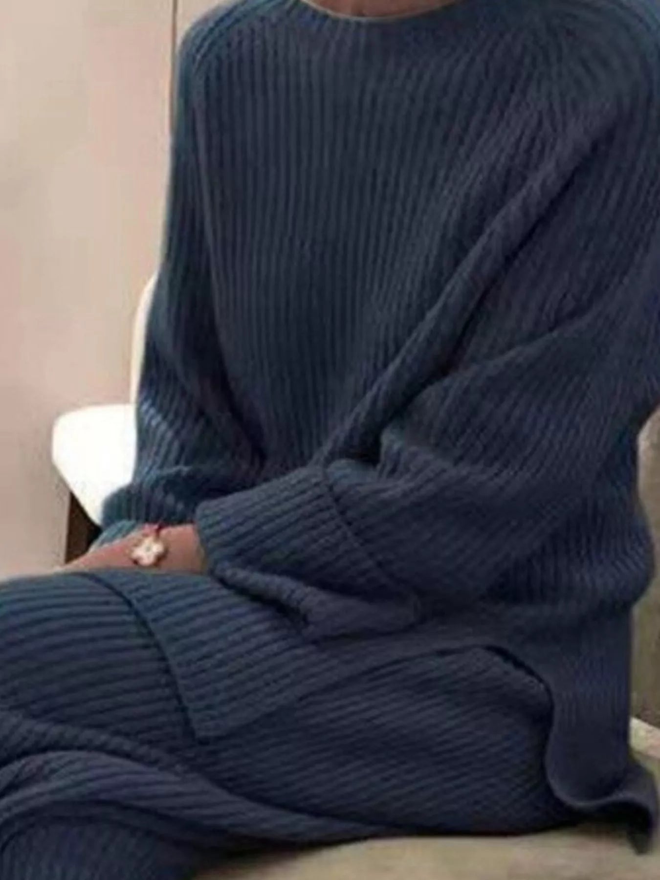 Navy blue ribbed knit relaxed fit top and pants sweater set plus size