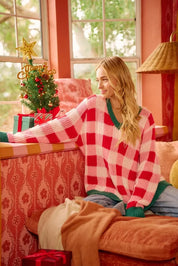 BiBi Christmas checkered sweater in red white with green trim