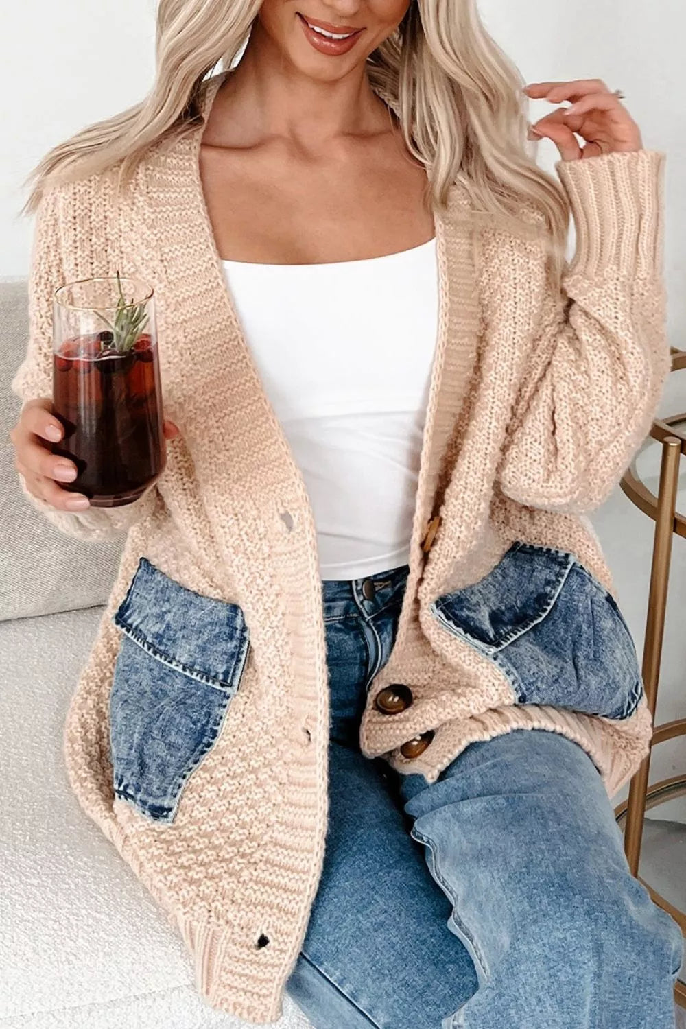 Denim Pockets Textured Knit Open-Front Cardigan | Cardigans Daverri Fashions