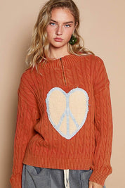 POL Cable-Knit Peace Patch Dropped Shoulder Sweater Orange-Red L