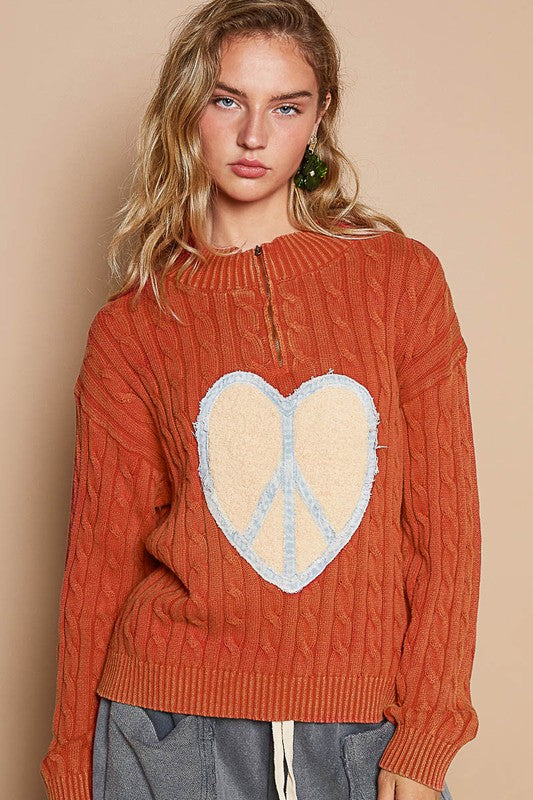 POL Cable-Knit Peace Patch Dropped Shoulder Sweater Orange-Red L