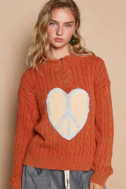 Orange-Red L POL Cable-Knit Peace Patch Dropped Shoulder Sweater | Daverri Fashions