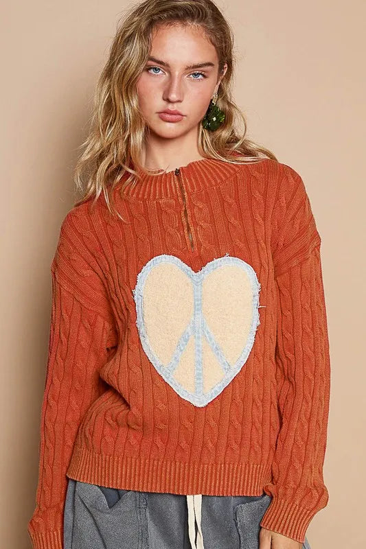 Orange-Red L POL Cable-Knit Peace Patch Dropped Shoulder Sweater | Daverri Fashions