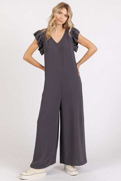 Mittoshop V-Neck Ruffled Cap Sleeve Wide Leg Jumpsuit