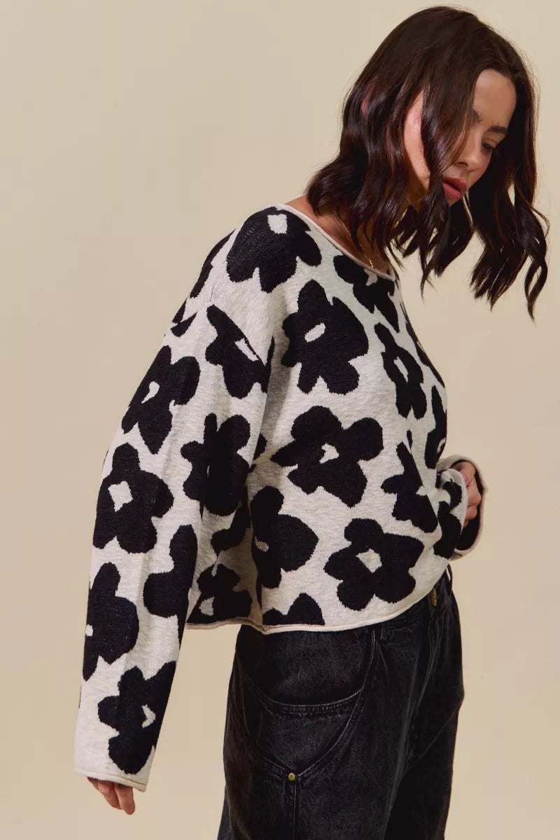 Cozy SO ME loose fit flower lightweight sweater top in off-white knit with black floral patterns