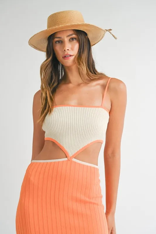 MABLE Ribbed Knit Color Block Cutout Midi Dress