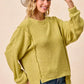 Cozy olive green BiBi Boucle rib knit sweater with puffed sleeves