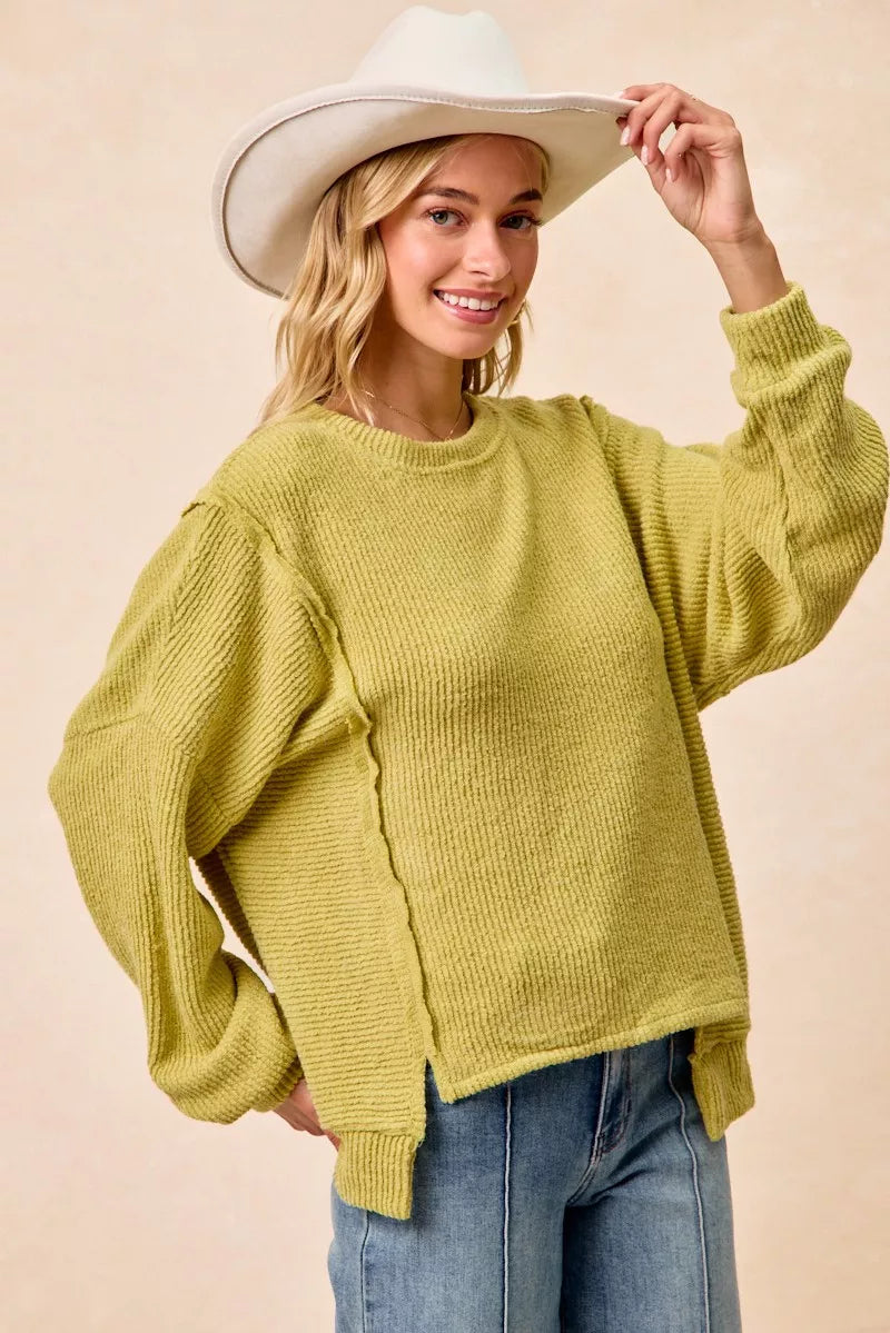 Cozy olive green BiBi Boucle rib knit sweater with puffed sleeves