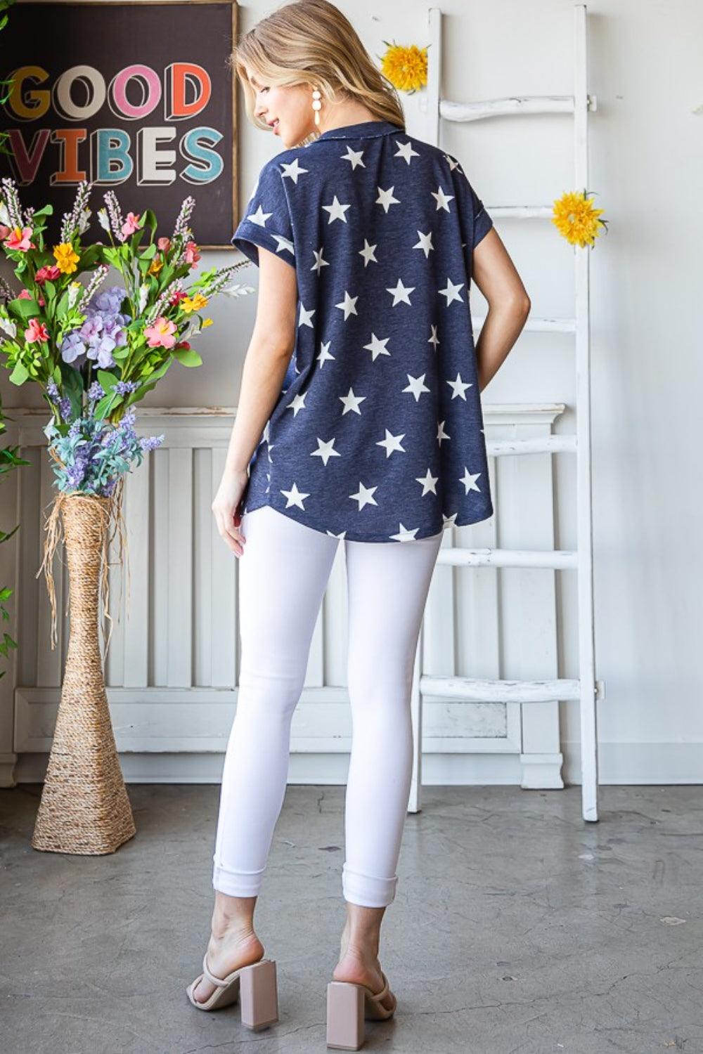 Heimish Full Size Star Print V-Neck Short Sleeve T-Shirt Shirts & Tops