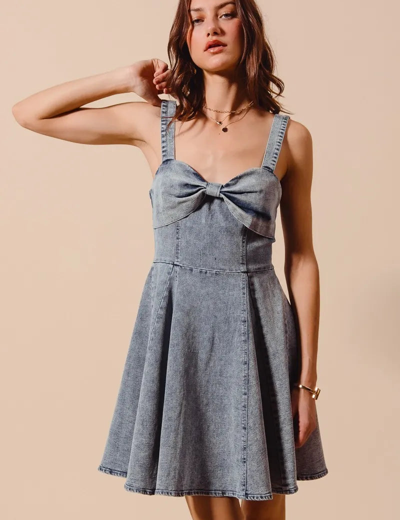 DENIM SO ME Mineral Washed Bow Ribbon Denim Flare Dress | Mini Dresses Daverri Fashions